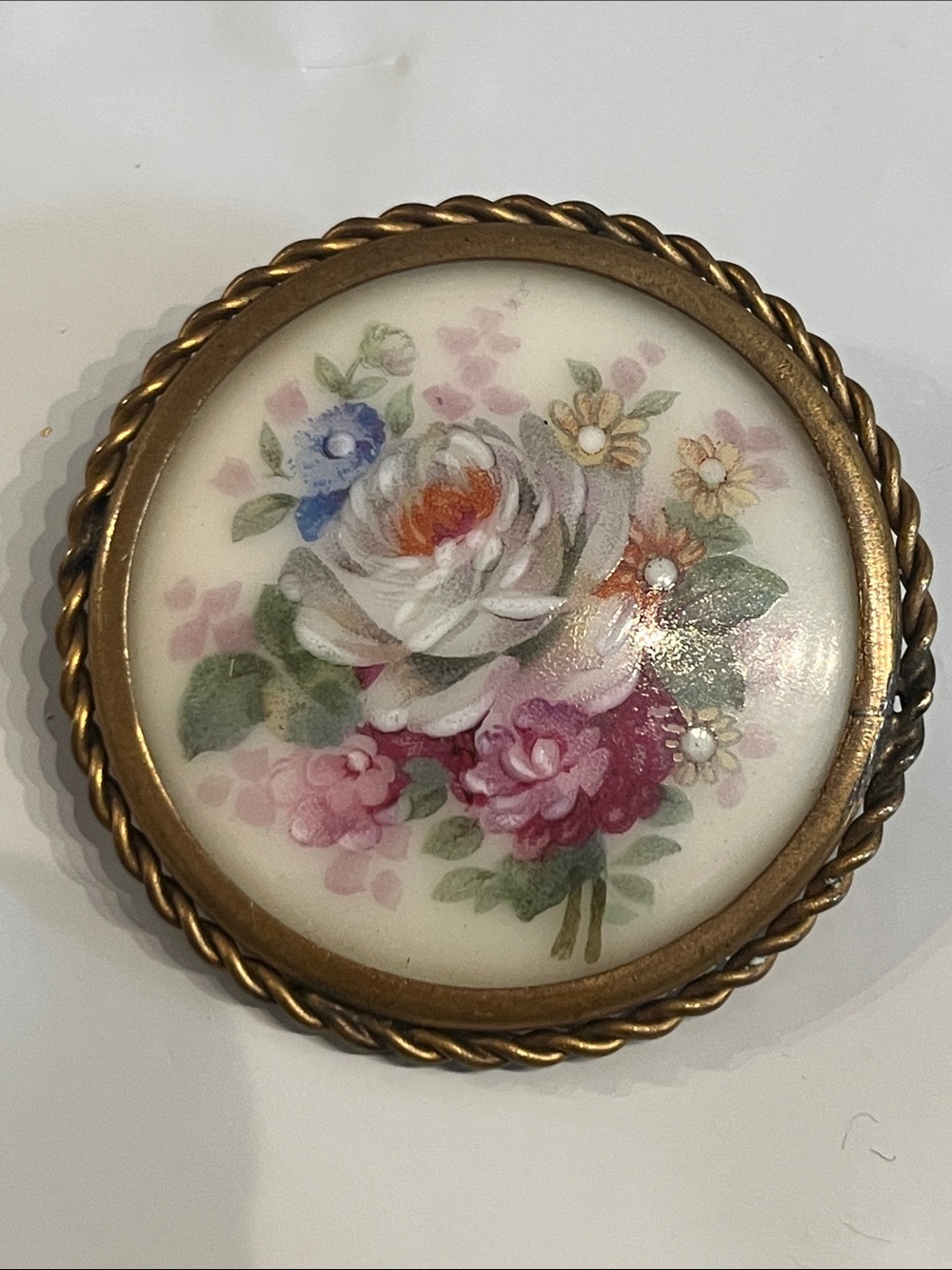 VINTAGE LIMOGES PORCELAIN HAND PAINTED FLORAL PIN, signed